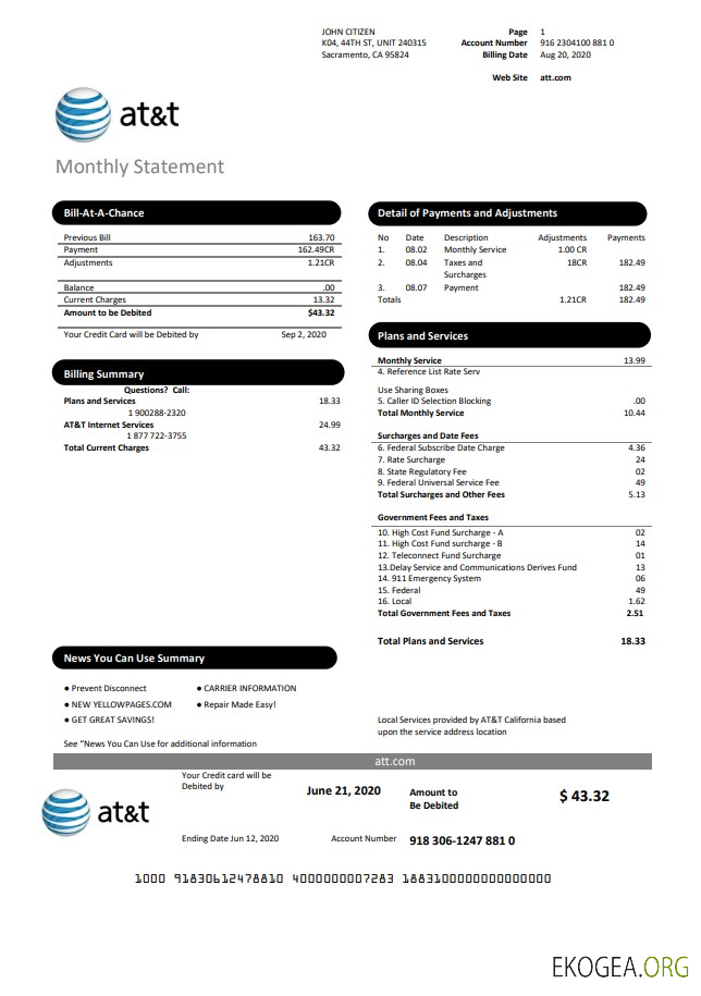 USA Texas AT&T easy to fill utility bill template in Word and PDF format